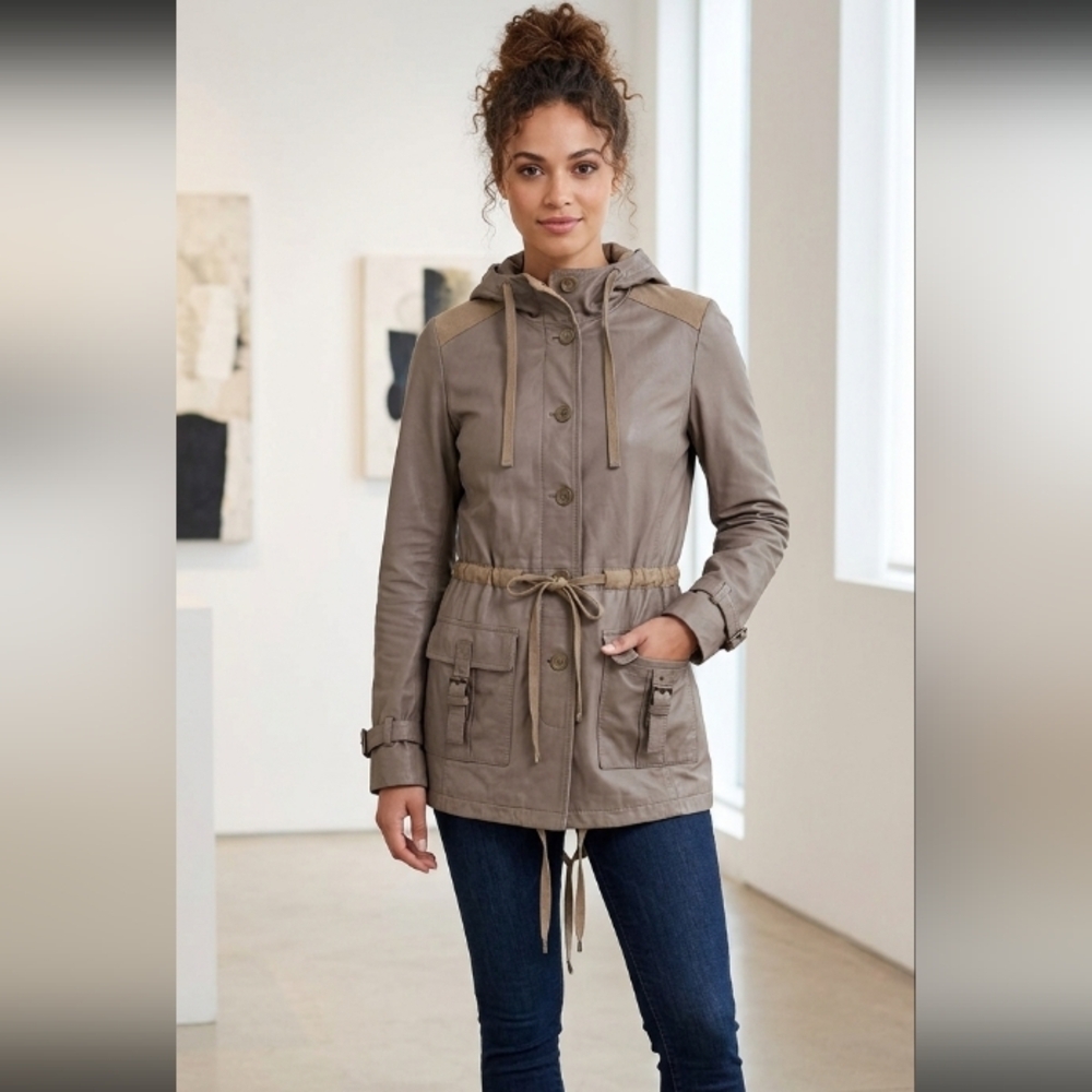 Illia leather cotton utility fishtail drawstring jacket sz M